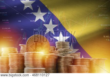 Bosnia And Herzegovina Flag And Big Amount Of Golden Bitcoin Coins And Trading Platform Chart. Crypt