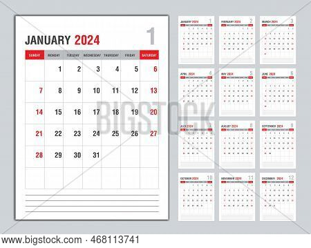 Monthly Calendar Template For 2024 Year, Week Starts On Sunday, Planner 2024 Year, Wall Calendar In 