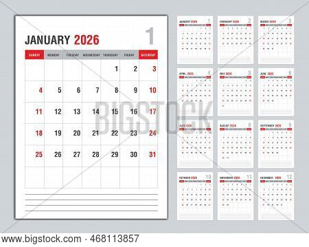 Monthly Calendar Template For 2026 Year, Week Starts On Sunday, Planner 2026 Year, Wall Calendar In 