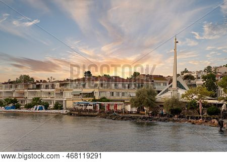 Istanbul, Turkey - August 25, 2022: View Of The Mountains Of Kinaliada Island From Marmara Sea, With