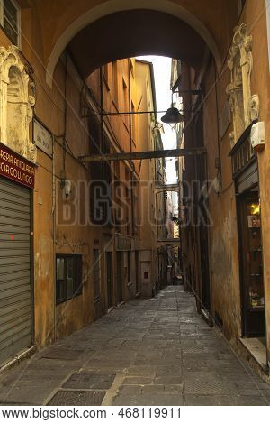 Italy, Genoa , 24 February 2020. Vico Del Duca Street In The Old Part Of Genoa, Italy.