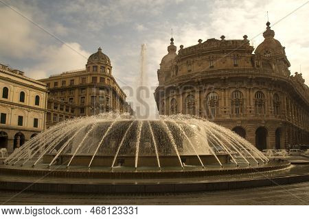 Italy, Genoa , 24 February 2020. View Of The Ferrari Square ( Piazza De Ferrari) And The Fountain In