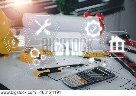 Bim Building Information Modeling Technology Concept, Engineer Office Desk With Bim Icon On Vr Scree
