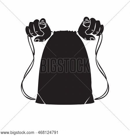 Hands Tighten The Ties At The Bag. Vector Illustration..