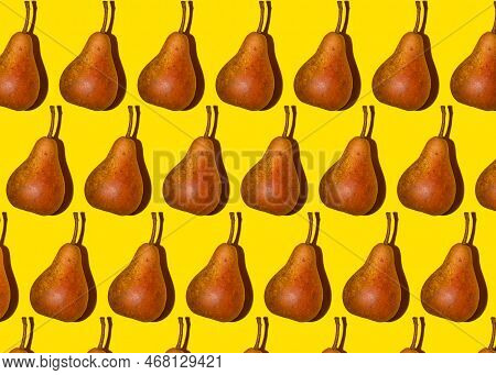 Colorful Pear Pattern. Orange Bera Pears On A Yellow Background. Ripe Juicy Fruits With Shadow Top V