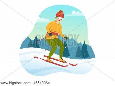 Ski Illustration With Skiers Sliding Near Mountain Going Downhill In Skiing Resort In Flat Winter Sp