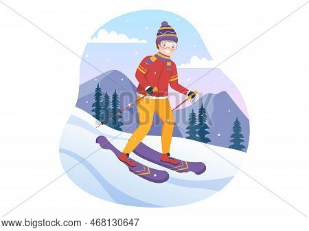 Ski Illustration With Skiers Sliding Near Mountain Going Downhill In Skiing Resort In Flat Winter Sp