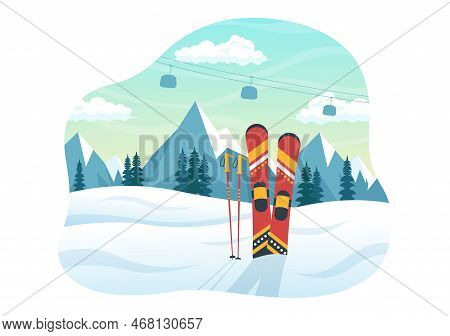 Ski Illustration With Skiers Sliding Near Mountain Going Downhill In Skiing Resort In Flat Winter Sp