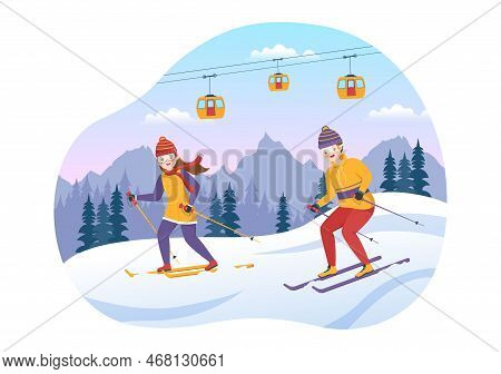 Ski Illustration With Skiers Sliding Near Mountain Going Downhill In Skiing Resort In Flat Winter Sp