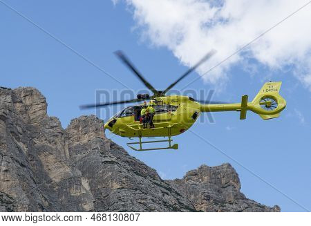 Fiames, Cortina D'ampezzo, Dolomites, Italy - July, 6,  2022 : Helicopter Rescue Service. Medical Fi