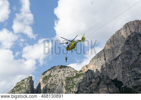 Fiames, Cortina D'ampezzo, Dolomites, Italy - July, 6,  2022 : Helicopter Rescue Service. Medical Fi
