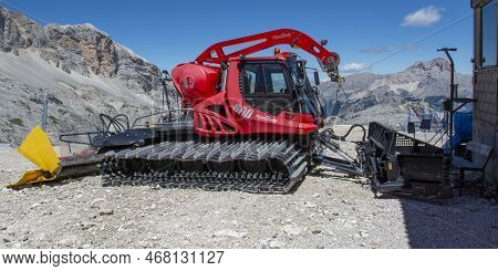 Cortina D'ampezzo, Dolomites, Italy - July, 8,  2022 : Snow Groomer In The Summer. Dolomites. Italy.