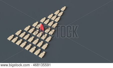 Red Wooden Man Stands In The Middle Of White Figures Of People Lying In The Shape Of A Wedge. The Co