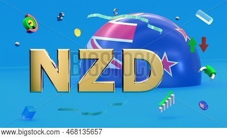 Gilded Letters Nzd Against The Background Of A Fragment Of The Flag Of New Zealand, Abstract Multi-c