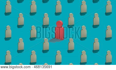 Red Wooden Man Stands In The Middle Of White Figures Of People. Seamless Graphic Pattern. An Outcast