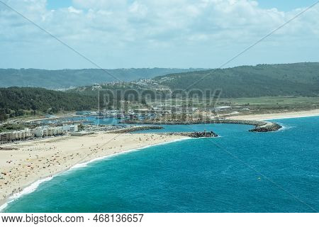 Nazare, Portugal - August 16, 2022: Aerial View Of The Praia De Nazare,nazare Beach, And The City Of