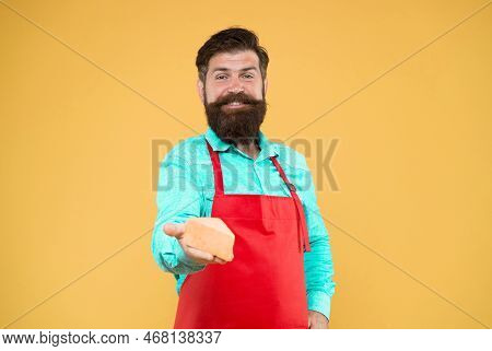 Quality Cheese Production. Happy Bearded Man Give Taste Cheese. Cheesemaking Concept. Cheese Maker O