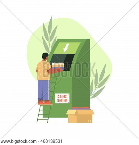 Charitable Activity, Vector Illustration. Man Or Volunteer Puts Garment Into Donation Box. Clothing 