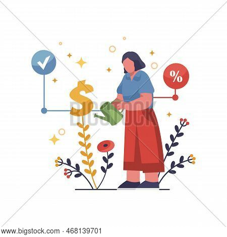 Growth Of Money Or Profits Increasing, Vector Illustration. Profit Or Savings Growth, Funds Accumula