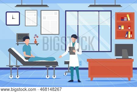 Outpatient Department With Doctor And Patient Characters . Hospital Scene . Flat Design . Vector .