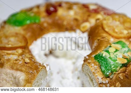 Roscón. Roscon De Reyes. Kingcake. Bun Made With A Sweet Dough In The Shape Of A Toroid Decorated Wi