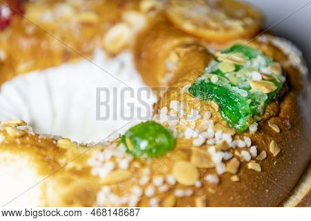 Roscón. Roscon De Reyes. Kingcake. Bun Made With A Sweet Dough In The Shape Of A Toroid Decorated Wi