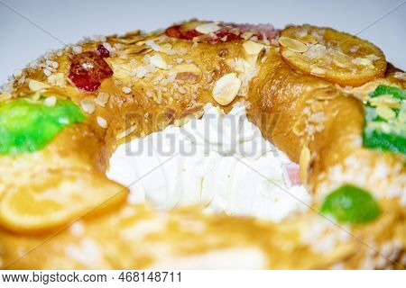 Roscón. Roscon De Reyes. Kingcake. Bun Made With A Sweet Dough In The Shape Of A Toroid Decorated Wi