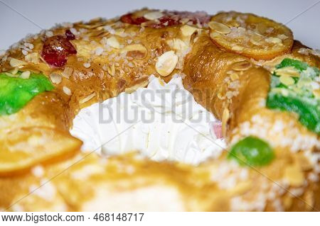 Roscón. Roscon De Reyes. Kingcake. Bun Made With A Sweet Dough In The Shape Of A Toroid Decorated Wi
