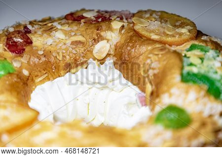Roscón. Roscon De Reyes. Kingcake. Bun Made With A Sweet Dough In The Shape Of A Toroid Decorated Wi