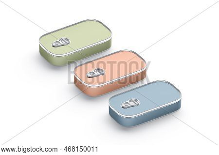Blank Colored Aluminum Sardine Conserve Can Label Mockup, Side View, 3d Rendering. Empty Green, Pink