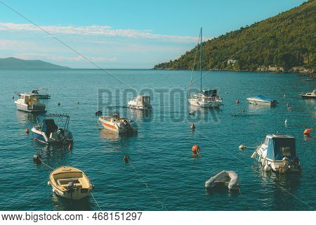 Small Boats Moored In Lovran Marina In Kvarner Gulf On Sunny Summer Day