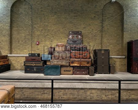 Luggages, Trunks, Suitcases Waiting To Be Loaded Into A Train Or Airplane For Traveling Or Vacation