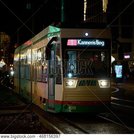 Magdeburg, Germany - December 26, 2022: Tram Of The Magdeburger Verkehrsbetriebe, Mvb, At A Stop In 