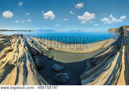 Morning Sea Rocky Coast Landscape (narta Lagoon, Vlore, Albania). Five Shots Stitch Panorama.