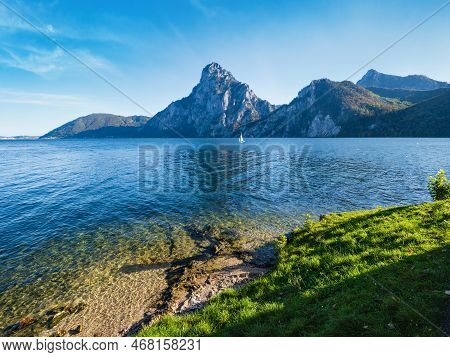 Peaceful Autumn Alps Mountain Lake. Morning View To Traunsee Lake And Traunstein Mountain In Far, Up