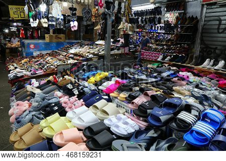 Tel Aviv, Israel - November 2, 2022: Shoe Seller At Carmel Market In Tel Aviv, Israel. Carmel Market