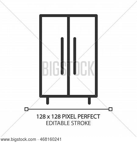 Wardrobe Closet Pixel Perfect Linear Icon. Armoire For Bedroom. Wooden Cabinet. Contemporary Home Fu