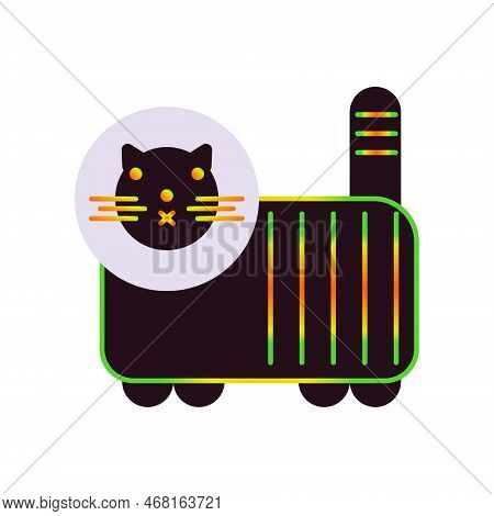 Black Psychedelic Cat With Rainbow Stroke Vintage Fifties Vector Illustration. Bright Colored Elemen