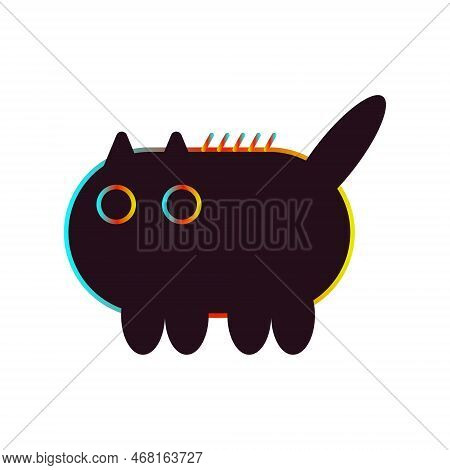 Black Psychedelic Cat With Rainbow Stroke Vintage Fifties Vector Illustration. Bright Colored Elemen