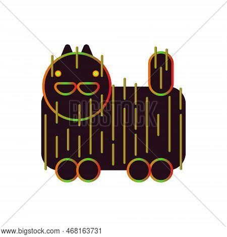 Black Psychedelic Cat With Rainbow Stroke Vintage Fifties Vector Illustration. Bright Colored Elemen