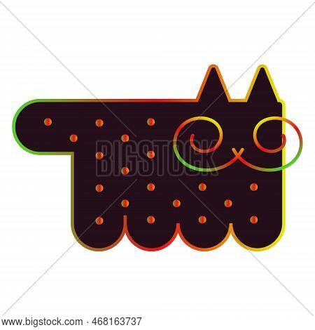 Black Psychedelic Cat With Rainbow Stroke Vintage Fifties Vector Illustration. Bright Colored Elemen