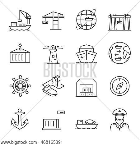 Seaport, Icon Set. Equipment For The Shipping Industry. Marine Port And Freight Vessels. Logistic. L