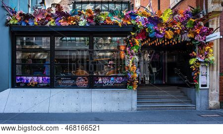 London, Uk, Sept 2022, View Of 100 Wardour Street Decorated Facade, A Bar, And Lounge In Soho