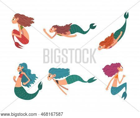 Set Of Cute Mermaids With Long Hair. Beautiful Swimming Little Mermaid Cartoon Vector Illustration