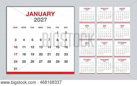 Calendar 2027 Year Red Design, Monthly Calendar Template For 2027 Year, Week Starts On Sunday, Minim