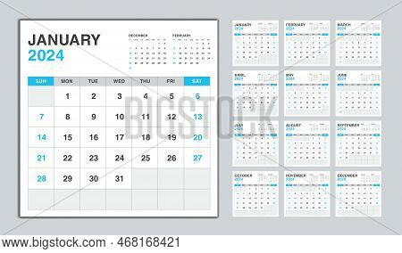 Calendar 2024 Year Blue Design, Monthly Calendar Template For 2024 Year, Week Starts On Sunday, Mini