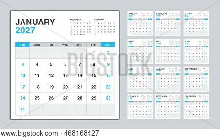 Calendar 2027 Year Blue Design, Monthly Calendar Template For 2027 Year, Week Starts On Sunday, Mini