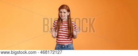 Reluctant Bothered Cute Redhead Girl Apologizing Make Stop Refusal Sign, Hold Hands Block, Grimacing
