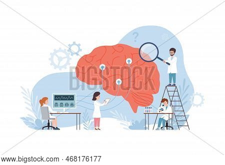 Study Of Brain With Scientists Creating An Encephalogram, Vector Isolated.