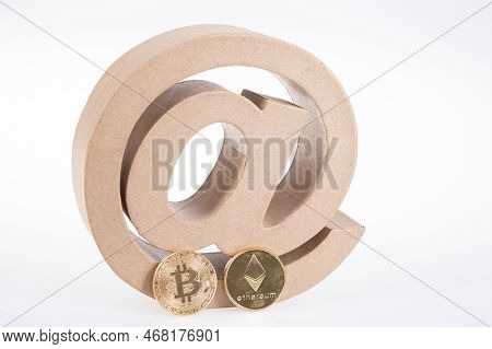 Bordeaux , Aquitaine France - 12 15 2022 : Bitcoin Ethereum Money Golden Coin With 3d Arobase @ At B